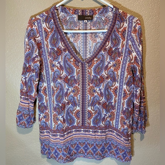 crosby. Tops - crosby. Women's Paisley V-Neck Blouse - Blue and Orange